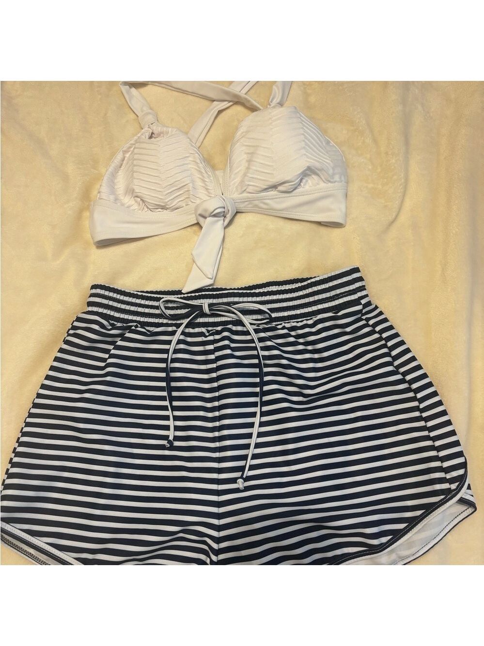 White Bikini Top and Striped Shorts Set Sz M